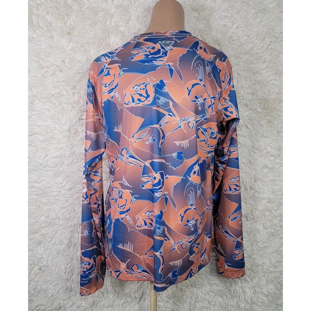 Columbia Pfg Shirt Men’s Size L Rash Guard Orange Blue Fish Print Long Sleeve N View 4